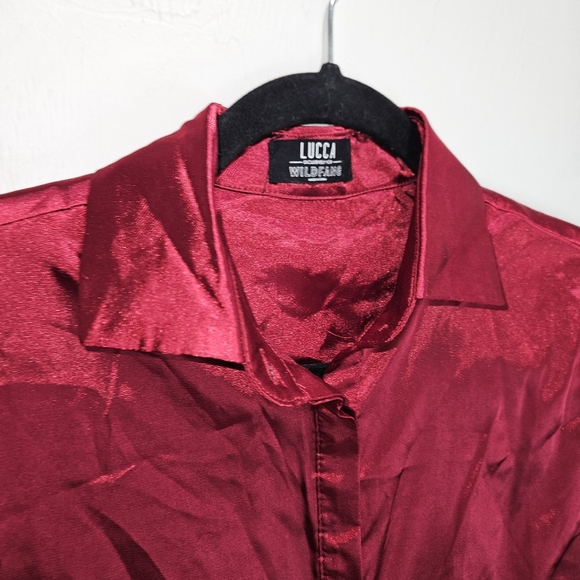 Lucca Wildfang Satin Shirt Button Up Long Sleeve Blouse Maroon Red Silky Small - Picture 2 of 16